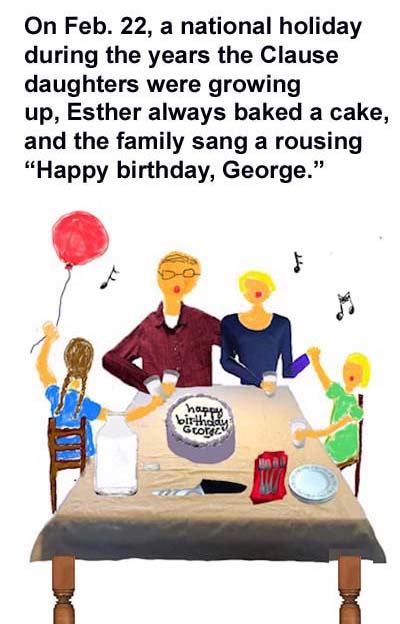 Eva's card to Ed on his 86th birthday, panel 2: The Clause family singing Happy Birthday, George every Feb. 22