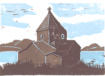 Reduction block print of Lake Sevan Church, 4 colors