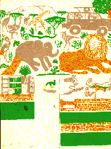 The lion, giraffe & pupeteer's arm are orange,the elephant & Landrover/Suzuki are gray, the foliage is green, the paper is white 