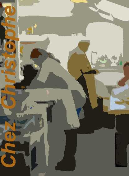 Abstraction of a photo of the chef and his assistant, with lettering saying 
'Chez Christophe' running up the side