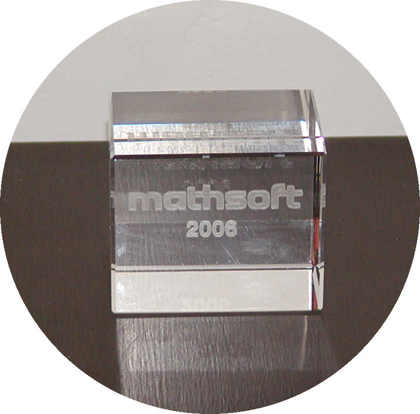 A crystal cube with the logo of the company formerly known as Mathsoft, now subsumed into PTC