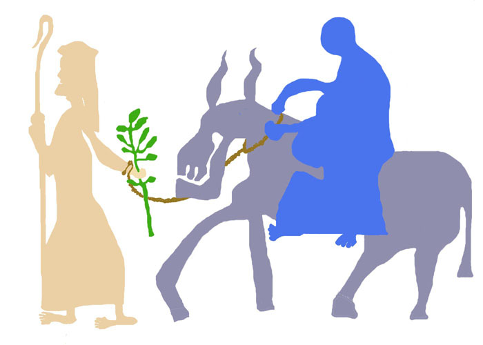 Lopsidedly pregnant Mary riding a donkey led by Joseph, 
in a Matisse cutout style on a white background