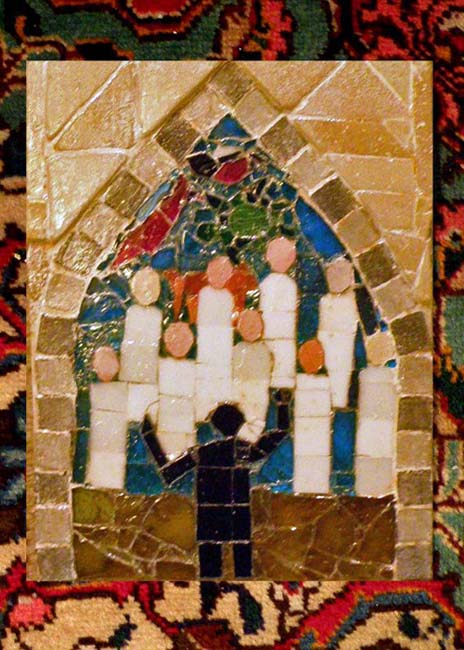 digital photo of a mosaic of a choir in front of a stained glass window. 
The mosaic is framed by the oriental carpet on which it is lying.