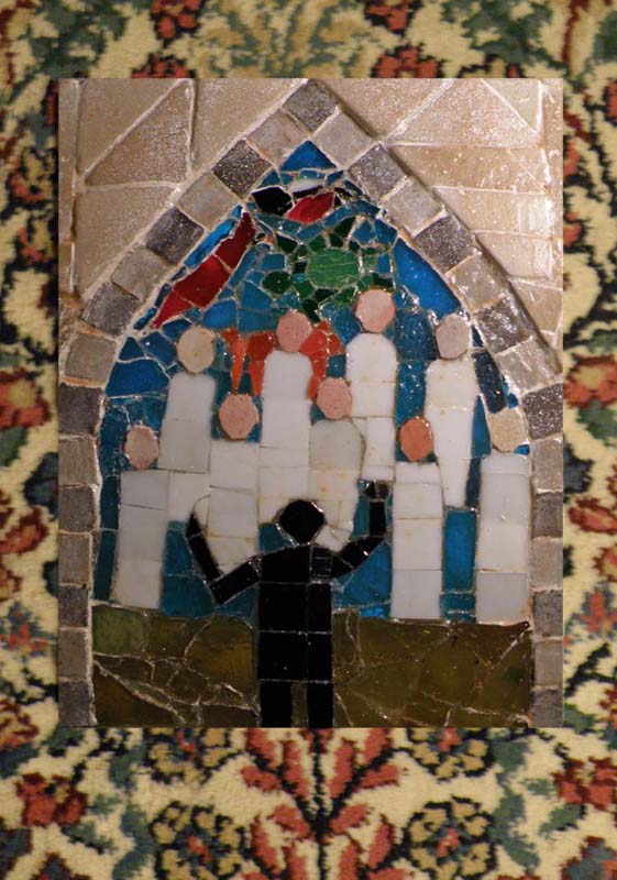 a different digital photo of the same mosaic choir in front of a stained glass window. 
The mosaic is framed by another oriental carpet on which it is lying.