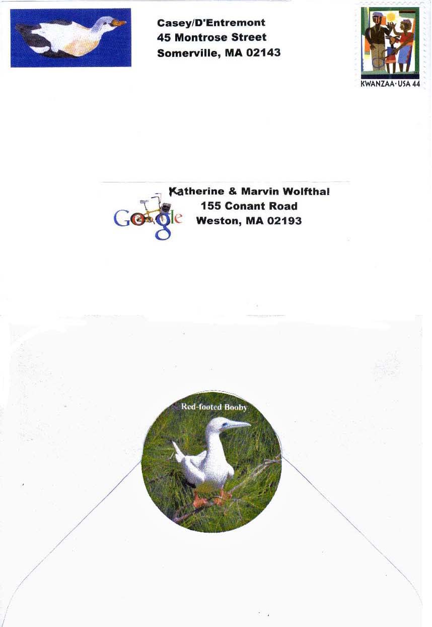 The front of the envelope with return address sticker decorated with a 
King Eider illustration, and the address label decorated with a design Eva entered in a Google Cambridge T-shirt contest.
Below this is an image of the back of the envelope, sealed with a sticker decorated with a photo of a Red-footed Booby in an evergreen.