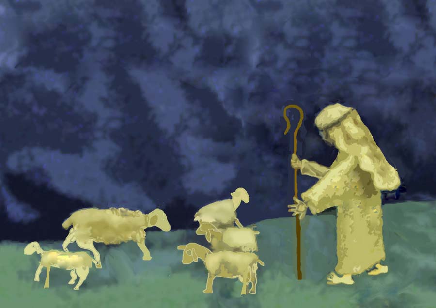 A shepherd with a staff facing 5 sheep. No wireframe apparent, though I photoshopped this watercolor look from a wireframe-and_towling diorama.