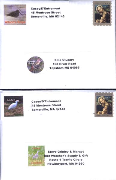 The front of two envelopes with return address stickers decorated respectively with a purple finch and an upland sandpiper, and the return address labels decorated with respectively, a Wilson's Snipe and a cattle egret