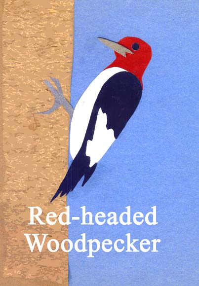 A cut-paper collage of a mature red-headed woodpecker in profile on a tree trunk, against a blue sky.