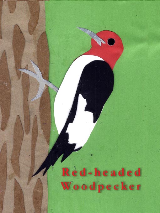 A cut-paper collage of a mature red-headed woodpecker in profile on a tree trunk, against a green background.