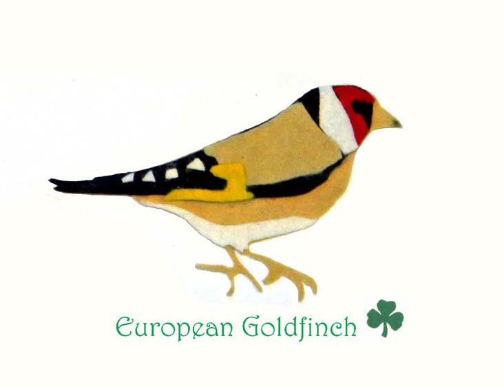 a photo of a European Goldfinch made of felt. The font is harrington, 
there's a little shamrock to the right of the green text