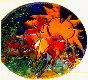 Circular piece of stained glass with a rooster & sun design